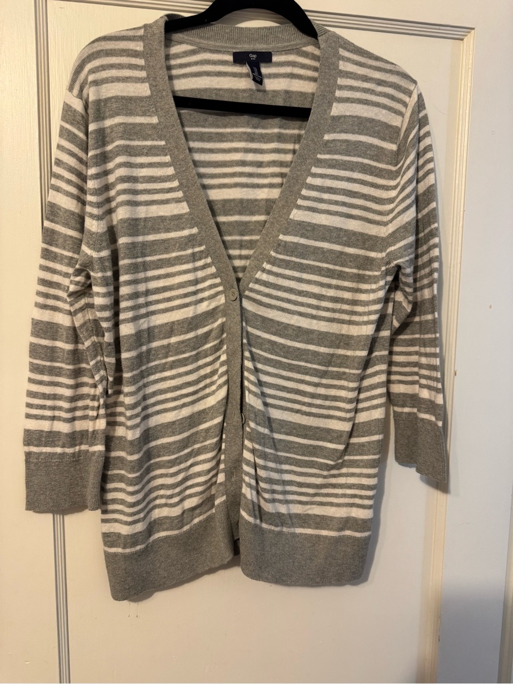 GAP Gray and White Striped V-Neck Cardigan